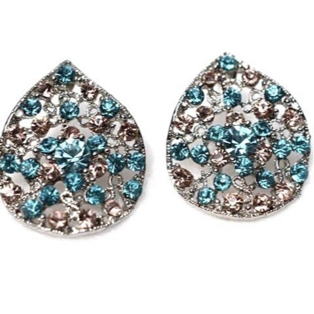 Vintage Feligree Teal Blue/Pink Crystal Rhinestone Sterling Silver Post Earrings